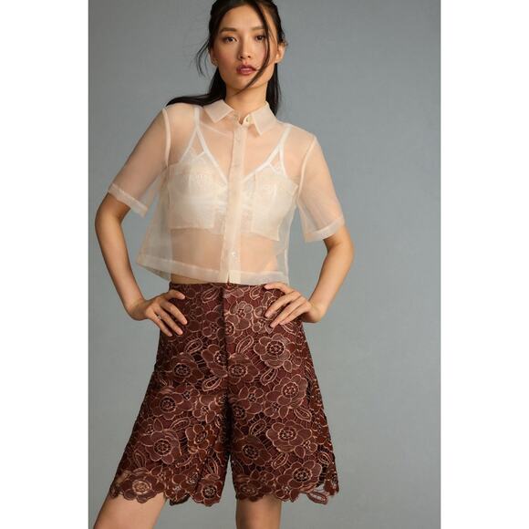 New ANTHROPOLOGIE Floral Vegan Leather Shorts $178 SIZE 8 Brown - Picture 1 of 4